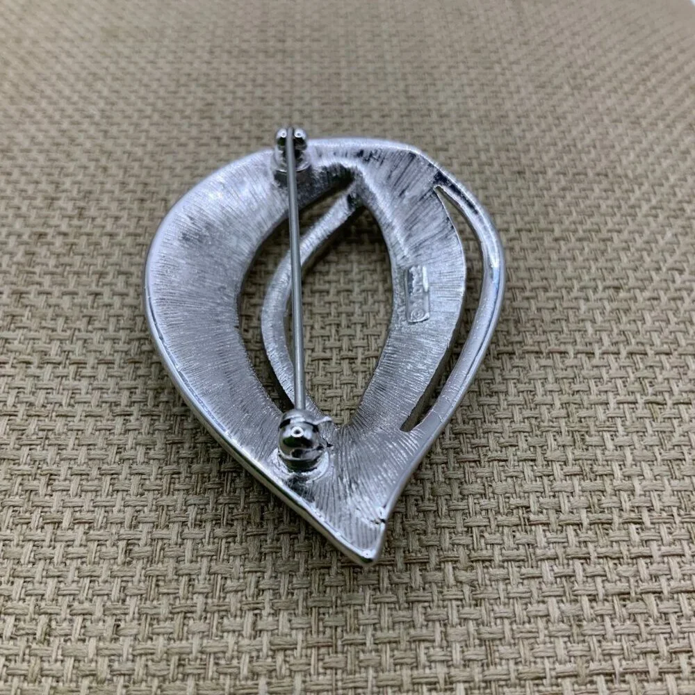 Monet Vintage Open Work Black Enamel Silver Tone Leaf Pin Brooch